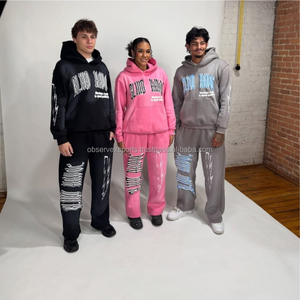 Custom Vintage Heavyweight 100% Cotton Jogging Set Zip-Up Acid Wash Chándal Sudadera con capucha Pierna recta pantalones de chándal acampanados - Product Image 3