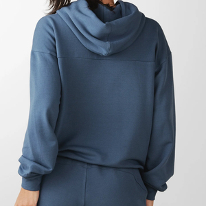 Sweat-shirt à capuche pour femme, bleu uni, 100% coton, tricoté, décontracté, pour l'automne, manches régulières, avec poche - Product Image 3