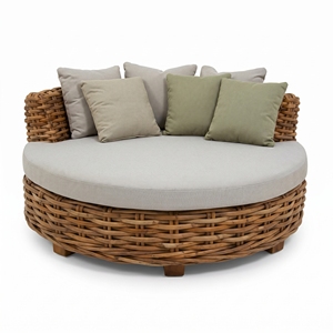 Sofá cama redondo de lujo de mimbre y ratán para exteriores, patio, jardín, tumbona con cojín gris y almohadas, conjuntos de muebles al por mayor - Product Image 1