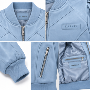 Sky Blue <b>Womens</b> Soft Lambskin <b>Leather</b> Bomber <b>Jacket</b> Puff Sleeve Seam Detail Rib Waist Hem Custom Manufacturer Export Vendor - Product Image 6