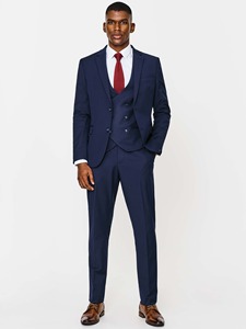 Traje de 3 Piezas Azul Marino Estilo Americano para Hombre, Corte Slim Fit, Blazer de Un Solo Pecho, Chaleco, Lana y Poliéster, Color Sólido, Cierre de Botones - Product Image 1