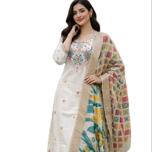 Commandez un ensemble Kurta / Kurti de style estival confortable, dernier design, en tissu 100% coton pur, coupe droite, bordure fantaisie, à prix de gros. - Product Image 1