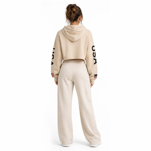 Women Cropped Hoodie USA Flag Print Beige Pullover Sweatshirt Long Sleeve Casual Streetwear Crop <b>Top</b> Hoodie - Product Image 4
