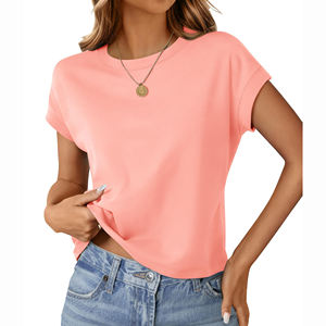 Women's <b>Coral</b> Crew Neck Short Sleeve T-Shirt Loose Fit Casual Knitted <b>Top</b> Solid Color Spring Summer Wear - Product Image 4