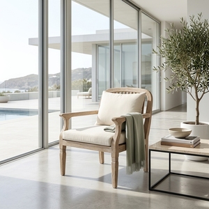Sofá individual Kaliandra de madera premium, minimalista, de madera maciza de teca, sillón individual para sala de estar, con cojín color crema natural. - Product Image 5