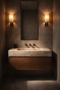 Lavabo de Piedra Natural Senger, Mueble de Baño de Travertino Sólido con Soporte de Pared y <span class=keywords><strong>Gabinetes</strong></span> de Madera <span class=keywords><strong>para</strong></span> Villa, Hotel y Apartamento - Product Image 2