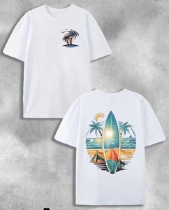 เสื้อยืดกราฟิก Tropical Vibes สำหรับทุกเพศ (ลายต้นปาล์มและกระดานโต้คลื่น) สีขาว แขนสั้น คอกลม ทรงปกติ สำหรับฤดูร้อน - Product Image 1