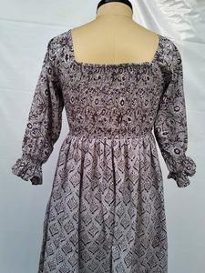 Ladies Grey Black Printed Smocking <b>Dress</b> Square Neck Puff Sleeve Midi Length Casual Cotton Summer A-Line Silhouette Breathable - Product Image 3