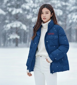 Women's Light Blue Reversible Waterproof Quilted Bomber Jacket Knit Collar <b>Stand</b> Neck Full Sleeve Polyester Wadding Windproof - Product Image 2