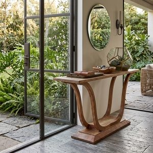 Mesa Consola de Pedestal Curvo de Madera Maciza Hecha a Mano, Mesa Escultural para Entrada, Sofá, Interior, Exterior, Patio, Pasillo - Product Image 4