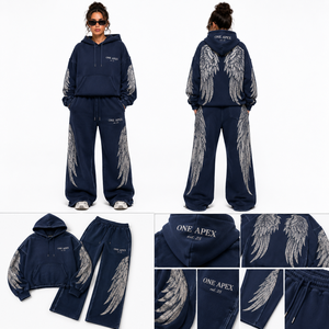 Ensemble de survêtement ONE APEX pour femme, bleu marine, coupe classique, 100 % coton, avec sweat à capuche et pantalon large, style streetwear vintage - Product Image 4