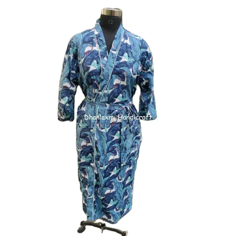 Wholesale Dark Blue Indian Floral Hand Block Print Maxi Long Robe Gown Kimono Bohemian Style Nighty for Women for Hippie Style