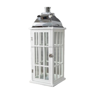 Premium White Window <b>Pane</b> Wooden Lantern with Shining Stainless Steel Top Metal Candle Holders & Jars - Product Image 1