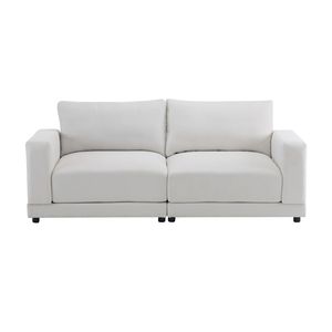 Divano Moderno Bianco con Braccioli Squadrati, Rivestimento in Tessuto Morbido e Cuscini Profondi, Gambe in Legno Robuste per Camera da Letto e Soggiorno - Product Image 5