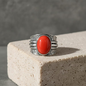 Manmade Coral <b>Ring</b> Vintage Wide Band Silver Plated Bohemian Jewelry - Product Image 4