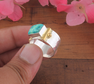 Anillo de Boda Unisex Clásico de Plata de Ley 925 con Turquesa Gema en Engaste de Bisel, Corte Cuadrado, Chapado en Oro de Dos Tonos, Venta al por Mayor - Product Image 4