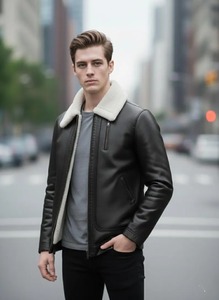 <b>Mens</b> Brown Black Shearling Leather Bomber <b>Jacket</b> Faux Fur Collar <b>Aviator</b> Flight Coat - Product Image 4
