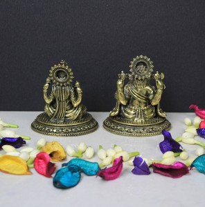 Brass Laxmi Ganesh Pair <b>Gold</b>-Plated Handcrafted Miniature Figures Tabletop Religious Home Office Decor Auspicious Gifting - Product Image 2