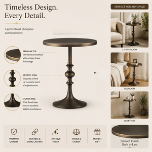 Modern <b>Round</b> Pedestal Side <b>Table</b> with Antique Bronze Finish | Minimalist Accent End <b>Table</b> with Sculpted Column Base for Home - Product Image 2
