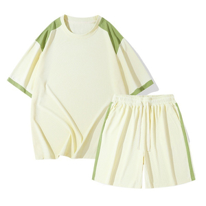 Ensemble T-shirt et short décontracté pour homme, col rond, color block, tricoté, respirant, 100 % coton, dernière collection 2026 - Product Image 1