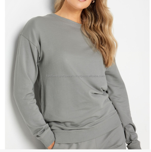 Ensemble de survêtement gris pour femme, col rond, coupe classique, en coton tricoté, couleur unie, décontracté, automne, pantalon de jogging, manches longues, respirant, léger - Product Image 4