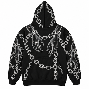 Sudadera con Capucha Negra para Hombre, con Cadena de Diamantes de Imitación y Estampado a Mano, Estilo Urbano Oversize, 100% Algodón Tejido Transpirable, 350g, para Otoño - Product Image 1