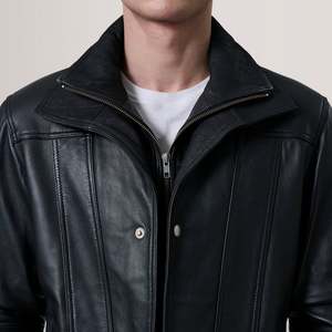 Men's <b>Black</b> Genuine Leather Biker Jacket Stand Collar Zipper Closure Regular Fit Solid Color Casual Winter Wear Hooded - Product Image 4