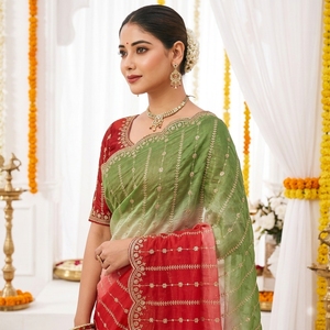 Sari de Seda Ombre Rojo y Verde para Mujer, Traje Tradicional de Boda, Largo hasta el Suelo, Corte Regular, Sin Arrugas, Estilo India-Pakistán - Product Image 2