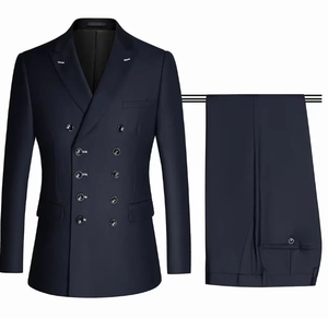 Costume de smoking pour homme en polyester bleu foncé respirant, coupe ajustée, double boutonnage avec revers et nœud papillon noirs, tenue de mariage formelle - Product Image 4