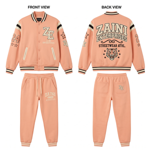 320g Heavyweight Cotton Fleece Varsity Tracksuit Solid Casual Peach Panel Design Custom Chenille <b>Embroidery</b> Sublimation Transfer - Product Image 1