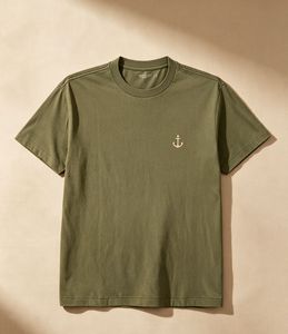 T-shirt en coton vert sarcelle pour homme, manches courtes, col rond, motif feuille brodé, coupe classique, style décontracté - Product Image 3
