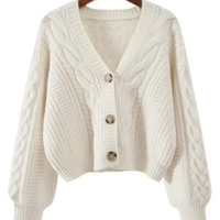 Damen Weiße V-Ausschnitt Strickjacke mit Langen Puffärmeln, Lässiger Einfarbiger Knopfverschluss-Pullover für den Herbst aus Polyester/Baumwolle