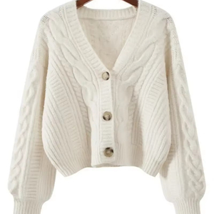 Cárdigan de Punto Blanco con Cuello en V para Mujer, Manga Larga Abullonada, Color Sólido, Cierre de Botones, Suéter Informal para Otoño - Product Image 5