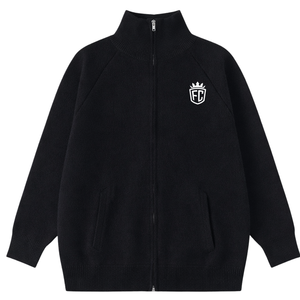 Suéter de punto con cremallera, cárdigan negro de cuello alto con cremallera completa, suave y cálido, de manga larga, estilo casual urbano. - Product Image 1