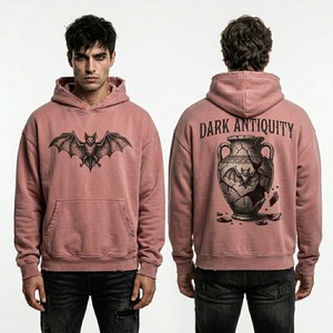 High Street Pink Hoodies Mens Custom <b>Distressed</b> Pullover Sweatshirt Dark Antiquity Graphic Hoodie Vintage Washed Hoody <b>Tops</b> - Product Image 1