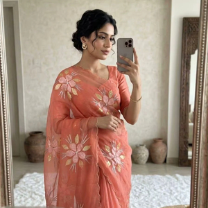 Crystal Organza <b>Tissue</b> Fabric With Embroidery Stone Pearl And Hand Work On Border With Zari Weaving Across The all Over Saree - Product Image 1