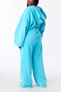 Conjunto de chándal para mujer con top corto con capucha y pantalones de corte holgado, con estampado Aqua Color y lavado ácido, hombros caídos, 100% algodón, forro polar y sudadera con capucha con cremallera - Product Image 4