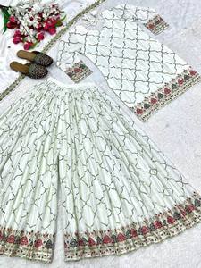 Ensemble Sharara Palazzo Kurti pour femme PinkCityBlocks, broderie indienne, dupatta, en soie Chinon, imprimé numérique, réversible, livraison rapide - Product Image 2