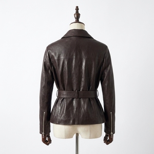 Chaqueta de Cuero Genuino Negra para Mujer, Cuello Camisero, Cinturón, Manga Larga, Chaqueta de Otoño - Product Image 5