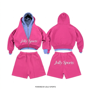 Premium 320 GSM cotton polyester fleece women hoodie short <b>set</b> red grey <b>mesh</b> panel custom print logo Hoodie Shorts <b>Set</b> for Women - Product Image 6