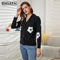 Pull cardigan en tricot à col en V pour femme, à motif floral, décontracté, coupe régulière, doux, respirant, léger, manches longues, 100% polyester