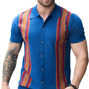 Polo de Punto Vintage para Hombre – Estilo Retro de los 70, Manga Corta, Cierre de Botones, con Rayas Verticales, Prenda Casual - Product Image 3