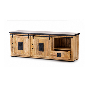 Industrial Mango Wood TV Unit with Sliding Barn Door <b>Rustic</b> Wooden Media Console <b>Cabinet</b> - Product Image 3