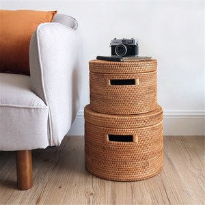 Round box for closet storage wholesale cost rattan <b>boxes</b> <b>clothes</b> organizer basket with lid - Product Image 4