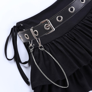 Custom Design Women's High <b>Waist</b> Gothic Punk Mini Skirt Black A Line Tiered Ruffle Hem with Belt <b>Chain</b> Wholesale - Product Image 3