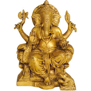 รูปปั้นพระพิฆเนศทองเหลืองขนาด6นิ้วทำด้วยมือวางอยู่บนบัลลังก์ผลิตในงานศิลปะประติมากรรมของอินเดีย - Product Image 1