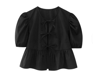 Blouses décontractées vintage pour femmes, col rond, manches longues, hauts à nouer avec nœud et volants, motif uni, tricotés, longueur midi, pour le printemps et l'été - Product Image 4