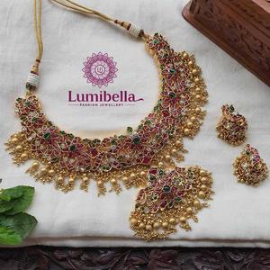 Golden Pearl Kempu Fashion Jewelry Necklace Set - Product Image 1