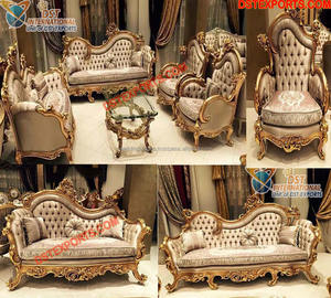 Juego de Sofás Tapizados en Tela con Acabado en Madera de Teca Pulida en Oro Antiguo para Sala de Estar - Product Image 3