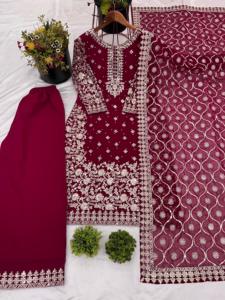 Women's Faux Georgette Embroidered Full Sleeve Straight <b>Kurti</b> with Pant & Dupatta Set - Product Image 6